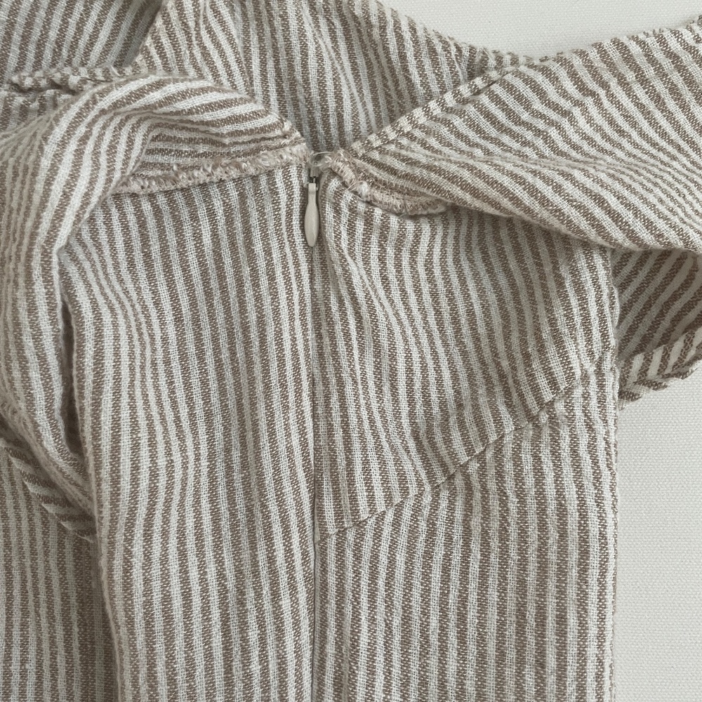 INTERMIX Linen Blended Pinstriped Beige/Cream, One Shoulder Ruffle Romper, Small - Picture 14 of 16